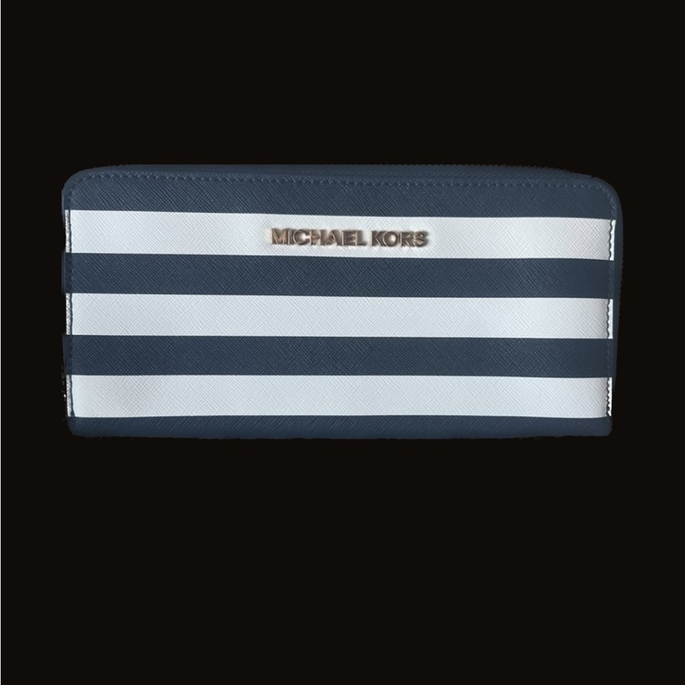 NEW Michael Kors-Large Saffiano Leather Quarter Zip Wallet Blue/White Navy look